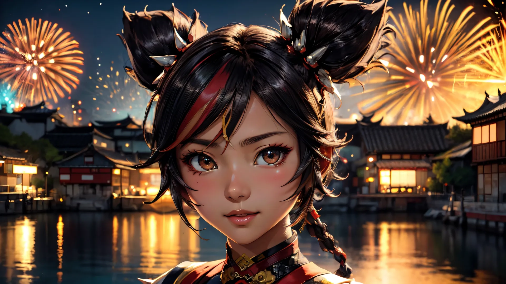 a beautiful asian lady with black hair and piercings next to a lake of water and fireworks in the background are set off by red, with her
