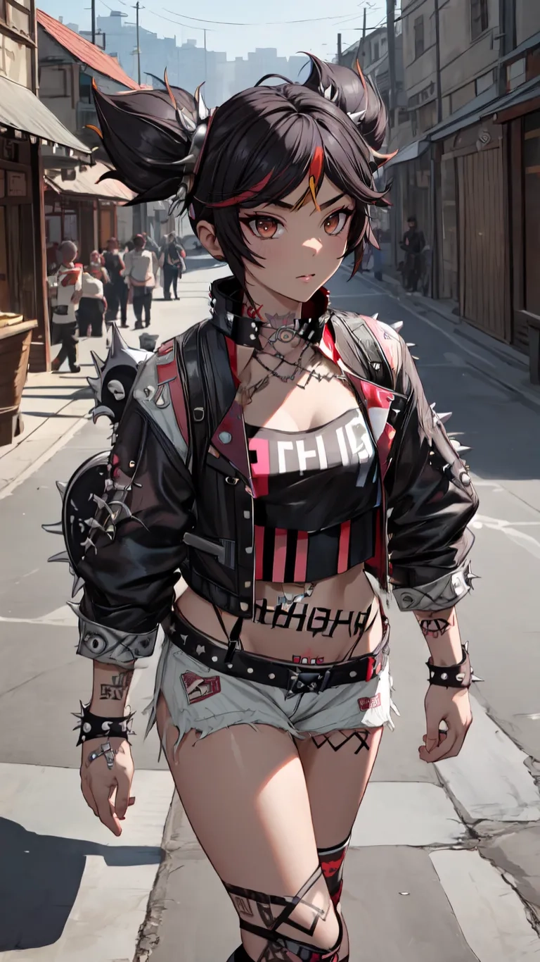 a female anime character with large breast, jacket, and leather jacket crossing a street while walking barefoot away from the camera with their purse
