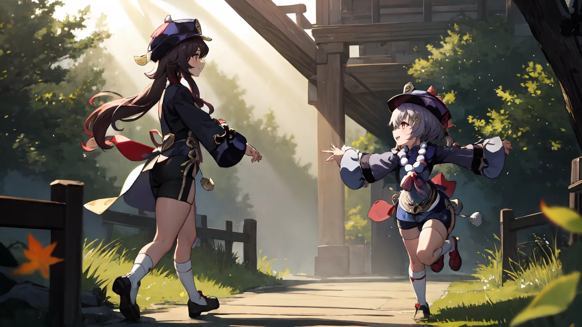 two anime girls in uniforms outside, one with her arm spread and the other walking away and reaching for something over the other while the another in a park
