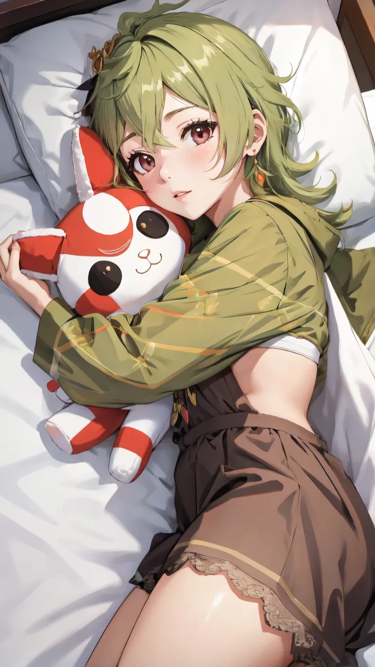 someone with some green hair laying in bed with a stuffed animal and pillow on her shoulder while she looks up at something from behind her
