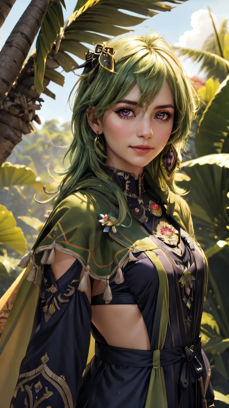 a young lady with a lot of green hair and jewelry posing outdoors with a tree in the background, on a sunny day with a sunny sky
