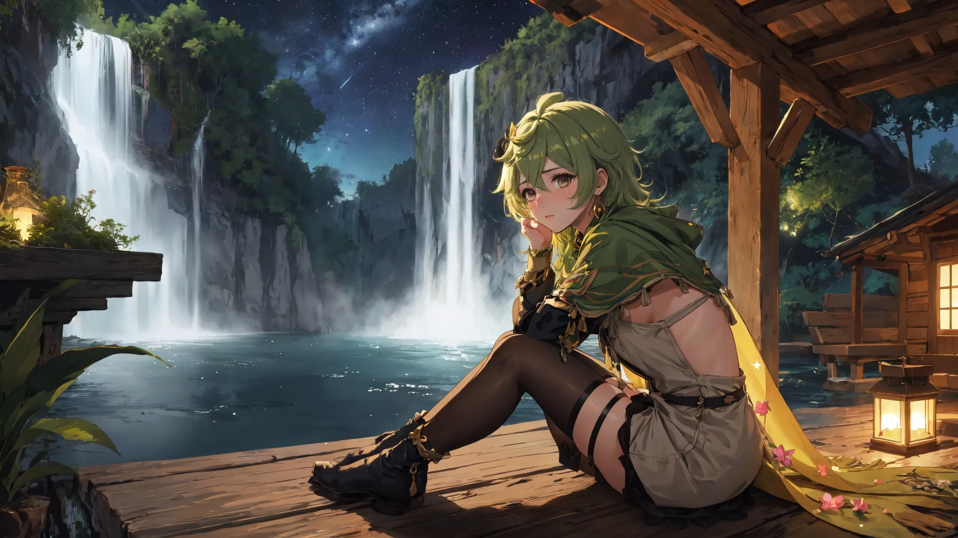 the woman in this anime is sitting by an waterfall with a candle in hand near the water feature on the wallpaper beside her has a waterfall
