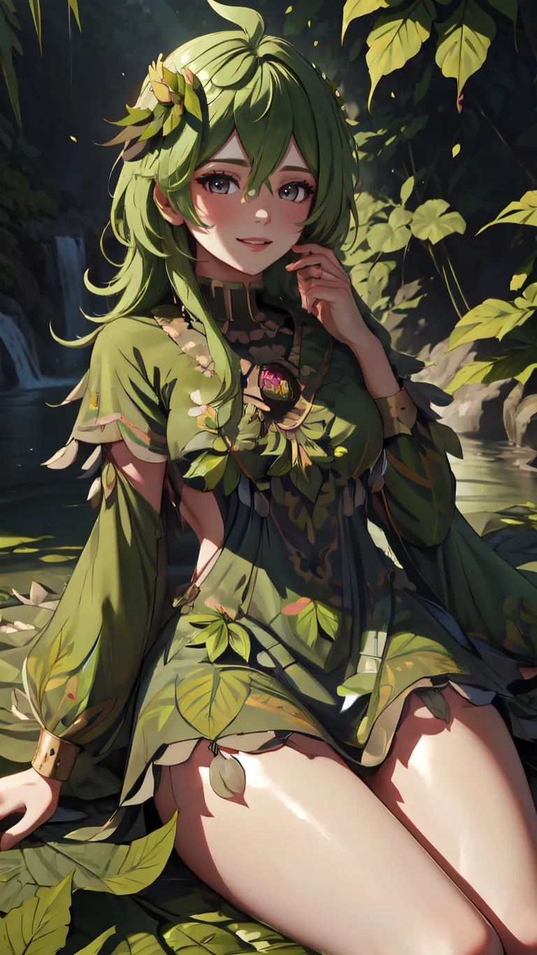 a pretty young lady with brown and green clothes in the forest by a waterfall with flowers on her shoulder, with leaves hanging over her, as she sits in a leafy outfit
