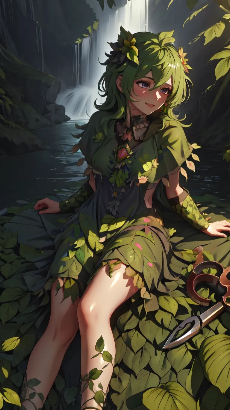 anime girl with green hair sitting by the water in the rain and leaves around her stomach looking down as if she is lying below waterfall
