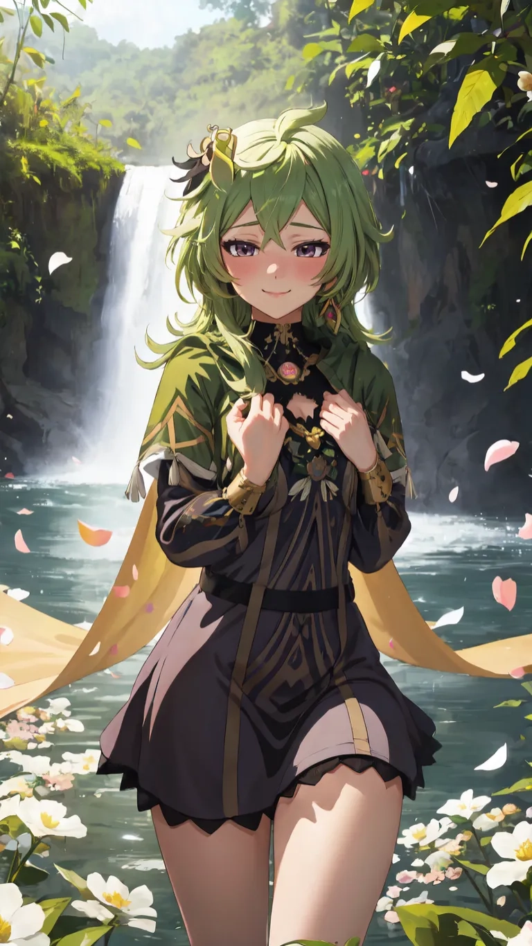 the girl in a green hair is holding a flower while standing by water with trees around her and petals in her hand on the ground
