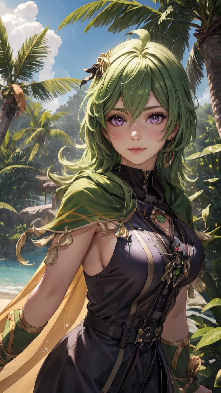 girl standing on top of a sandy beach near trees with green hair and a cape on her head next to the water in front of some other plants

