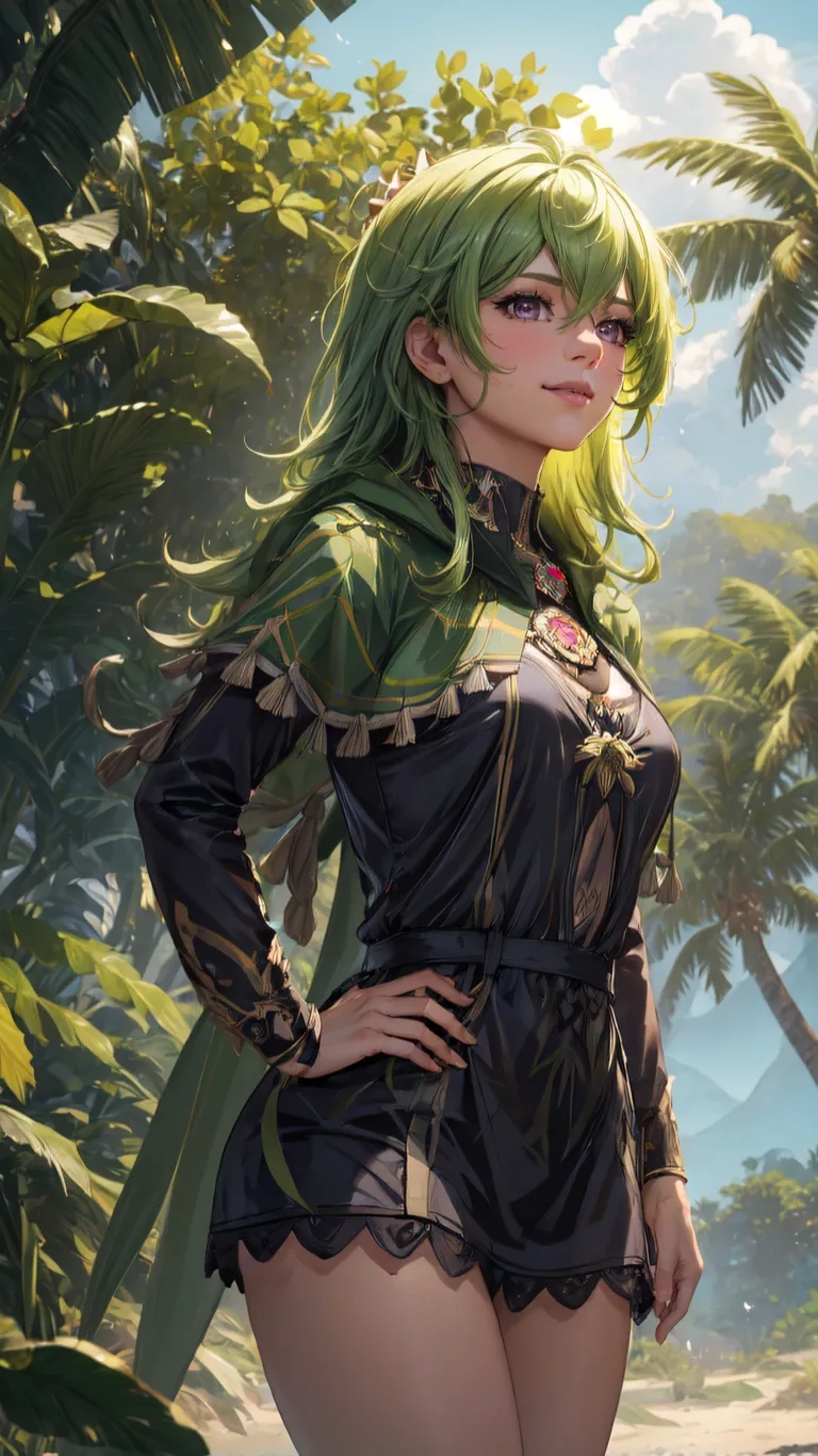 a anime character wearing shorts and green hair with palm trees in the background and water behind her and bushes, and sand is very lush
