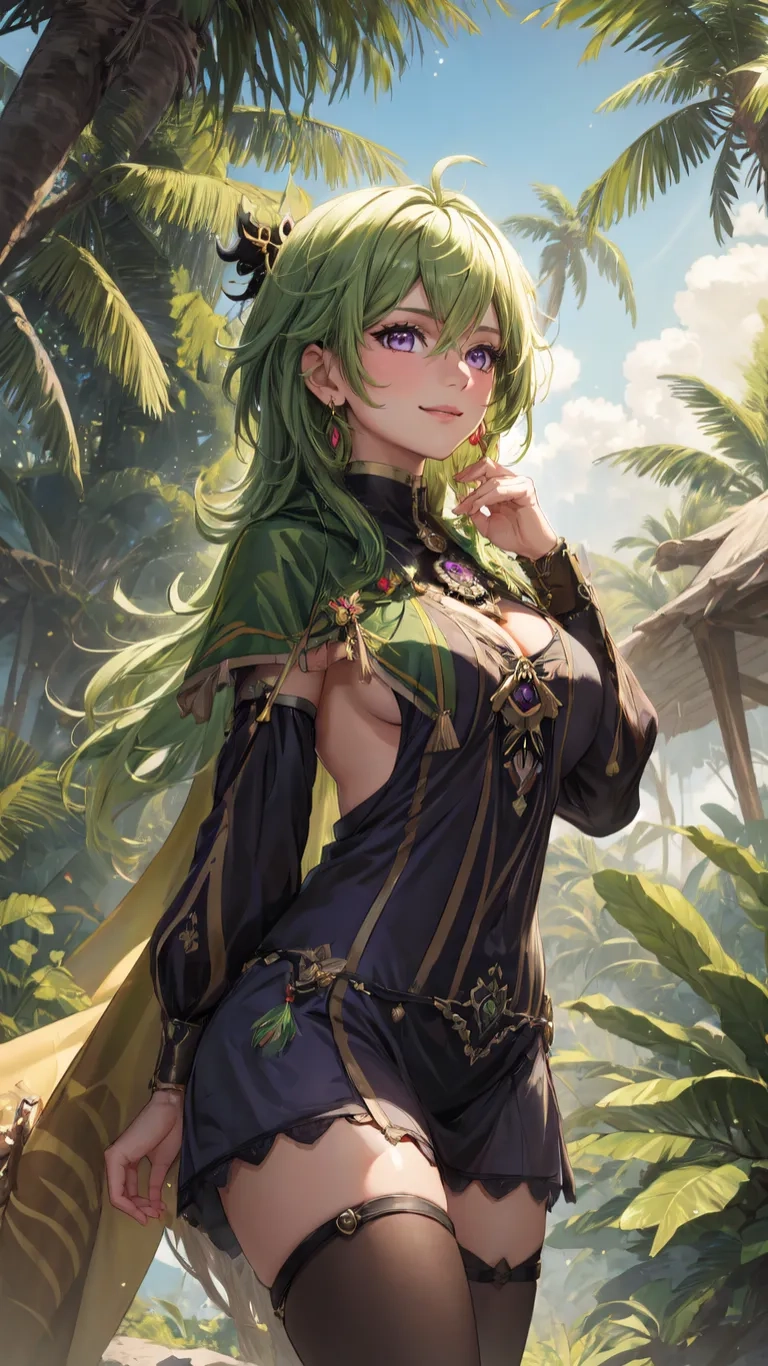 the woman in a long - dress is posing for a photo, and her green hair is very beautiful from this picture anime style artwork
