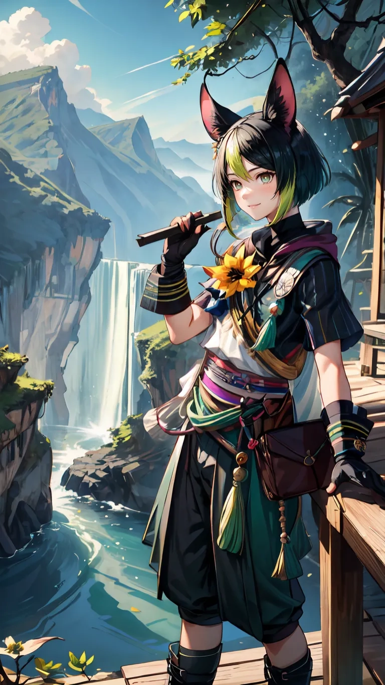 a person that is in a game by a river and some trees with flowers on her ears watching the scenery below a waterfall below is a wooden structure
