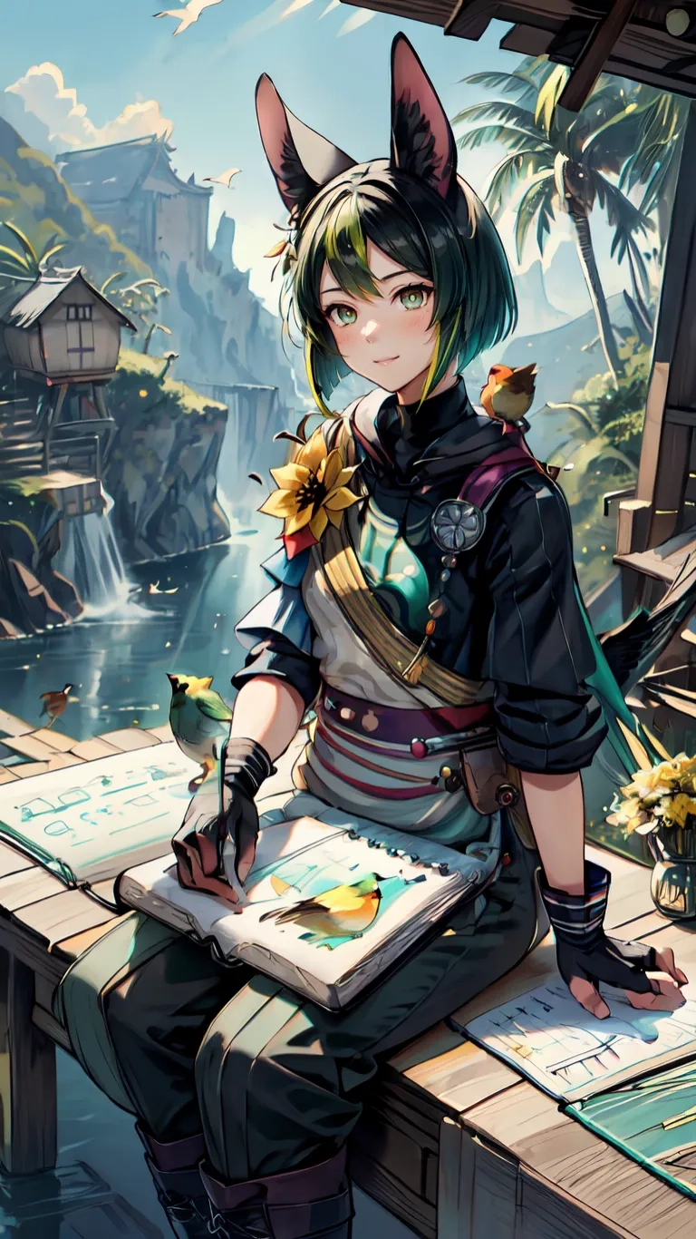 cartoon anime character sitting at table with ocean view behind her holding an open book and painting in front of her ear with bird on top
