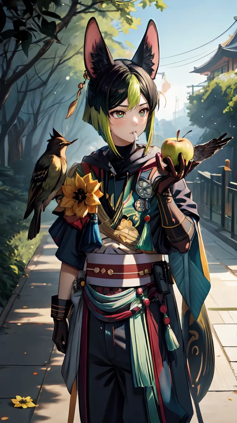 a person in armor with cats ears and holding two apples on her arm and birds resting on her shoulder and trees behind her she is next to an apple
