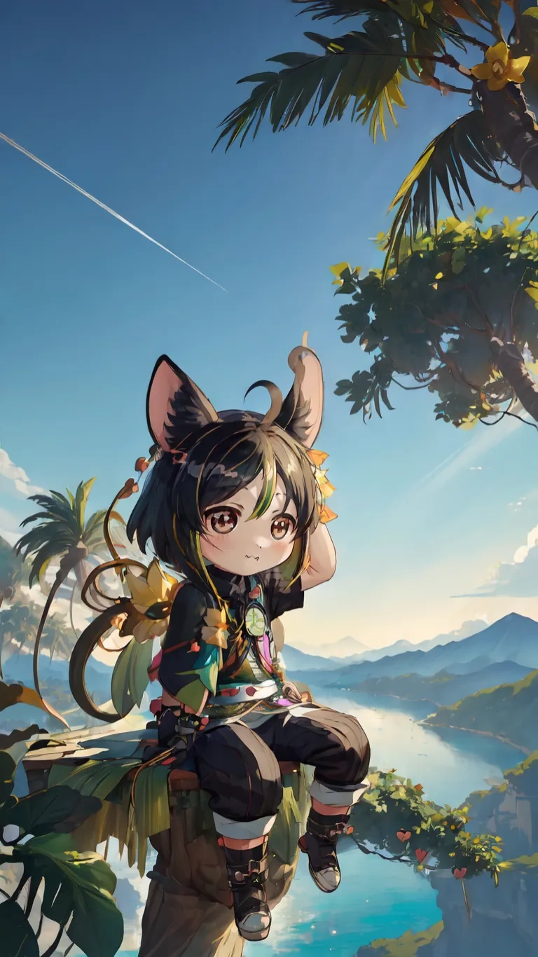 the girl sits at the edge of a forest and looks over to a water while surrounded by palm trees and mountains, near the blue sky with jetplane
