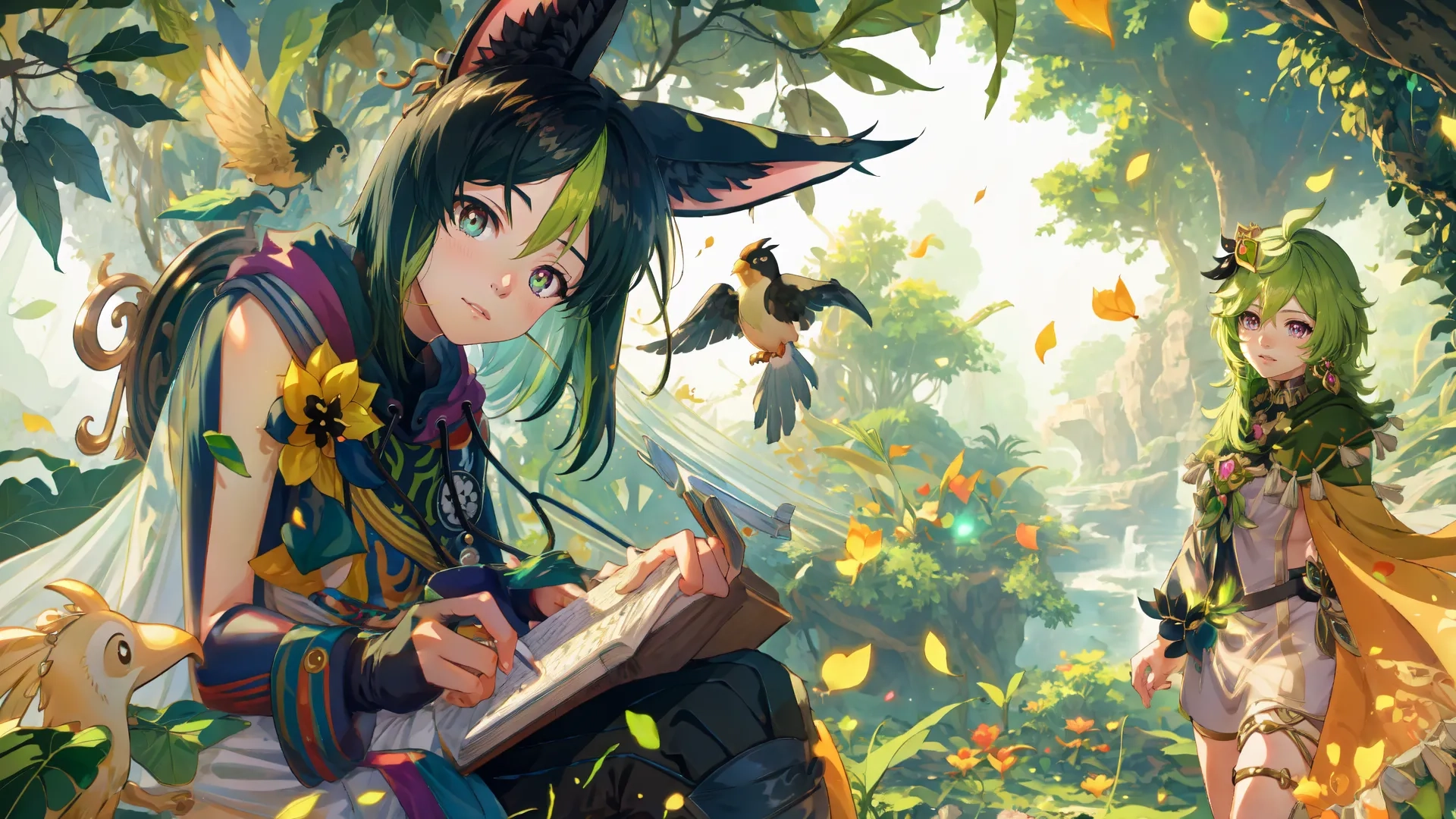 two anime girls reading some books sitting under trees with autumn leaves falling in the background, both holding their respective books and looking at something
