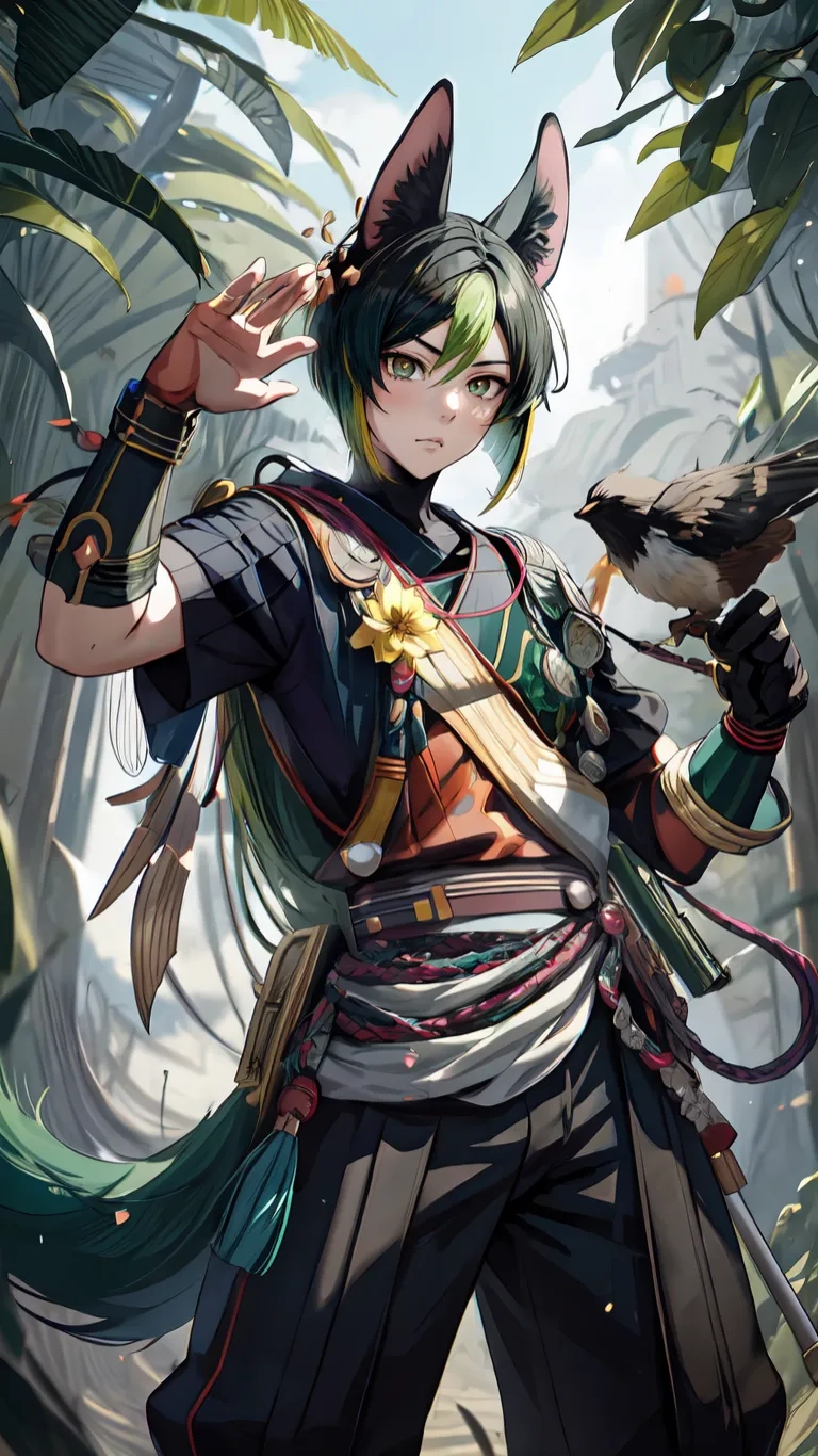 a female anime character with a bird on her shoulder and trees surrounding her side she has green hair and a blue uniform and has a white collar around her hands, and green eyes
