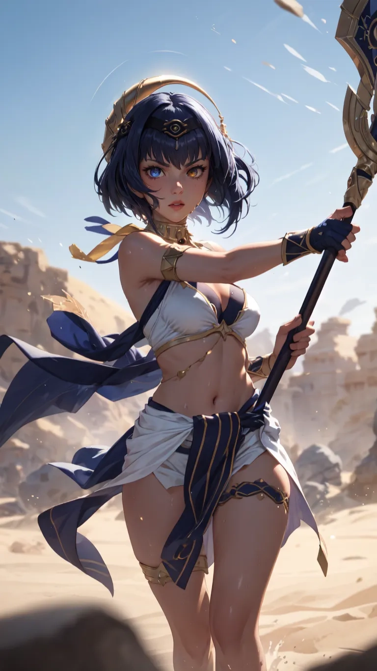 an anime character holding a weapon in hand and a sword in her right hand on the sand plain outside in front of the beach with a blue sky
