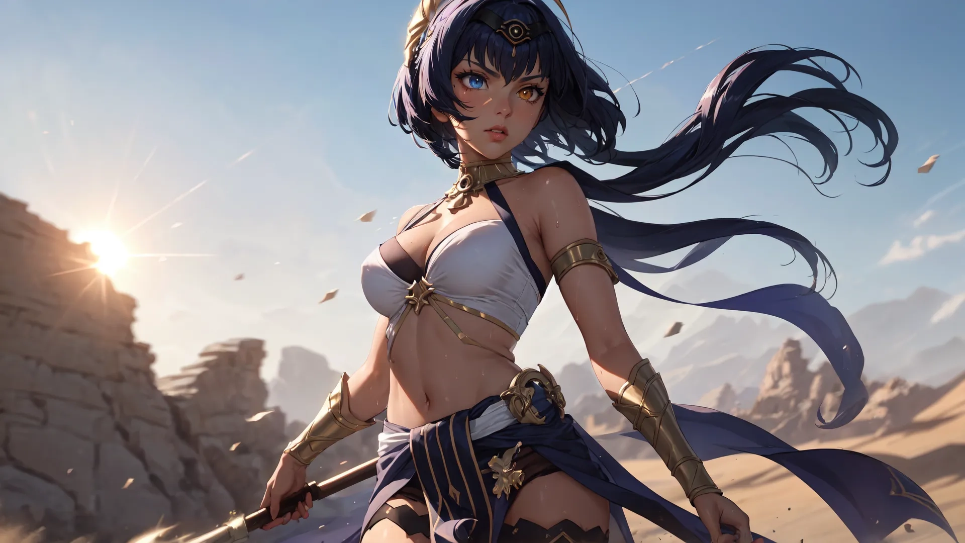 a woman wearing some sort of armor in the desert with a sword and helmet on her head and a body full of sand beneath her

