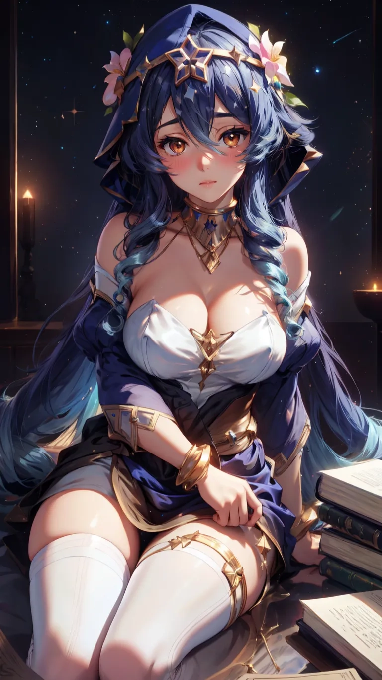 the figure is sitting on a desk with a book and some candles behind her back side shows the beautiful face she is wearing blue hair a golden jewelry and a necklaces

