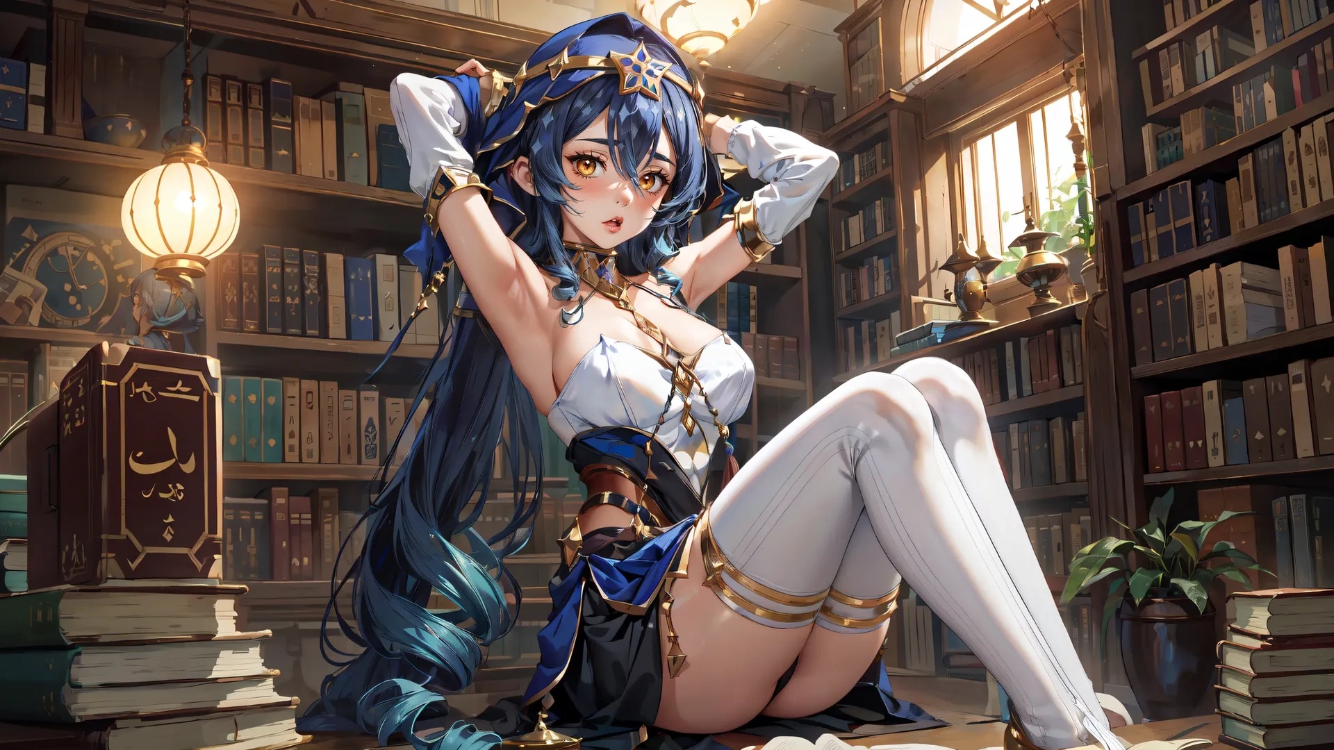 a woman with long hair dressed in blue and white sits in front of books on a table and a man is holding her arms up
