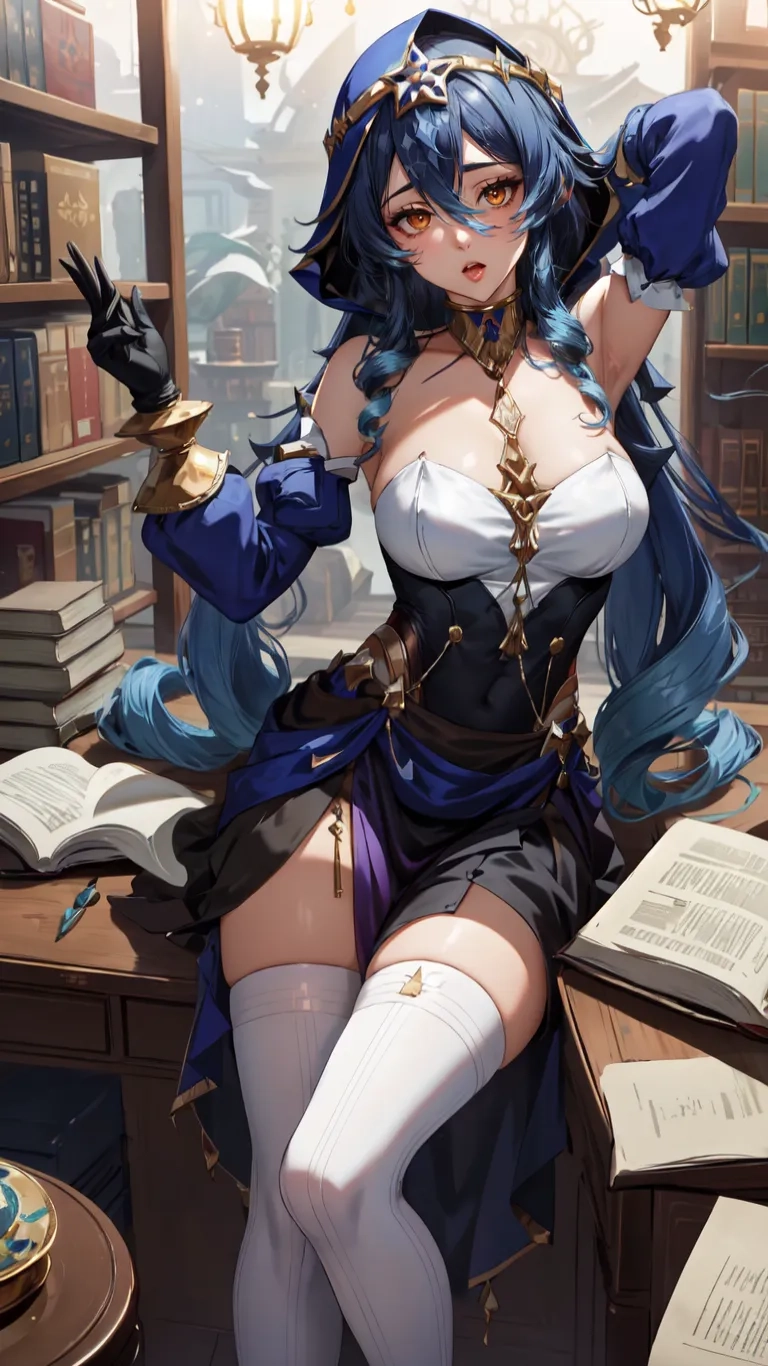 a character from overwatch with long hair and large breasts that have horns extended and are on the desk with a large assortment of books surrounding her
