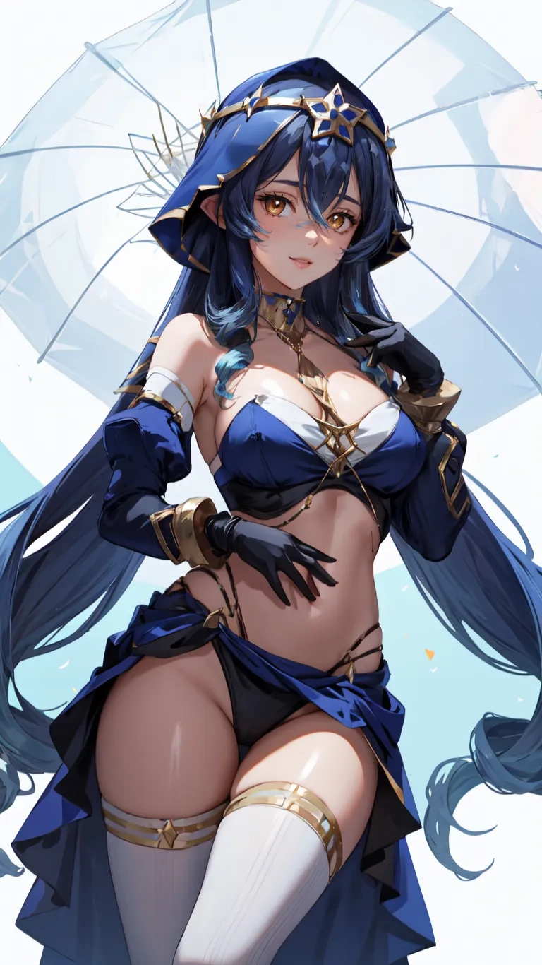 a blue, white and black anime girl holding an umbrella with long straight black hair and a sexy and cleavageless top and breast piece
