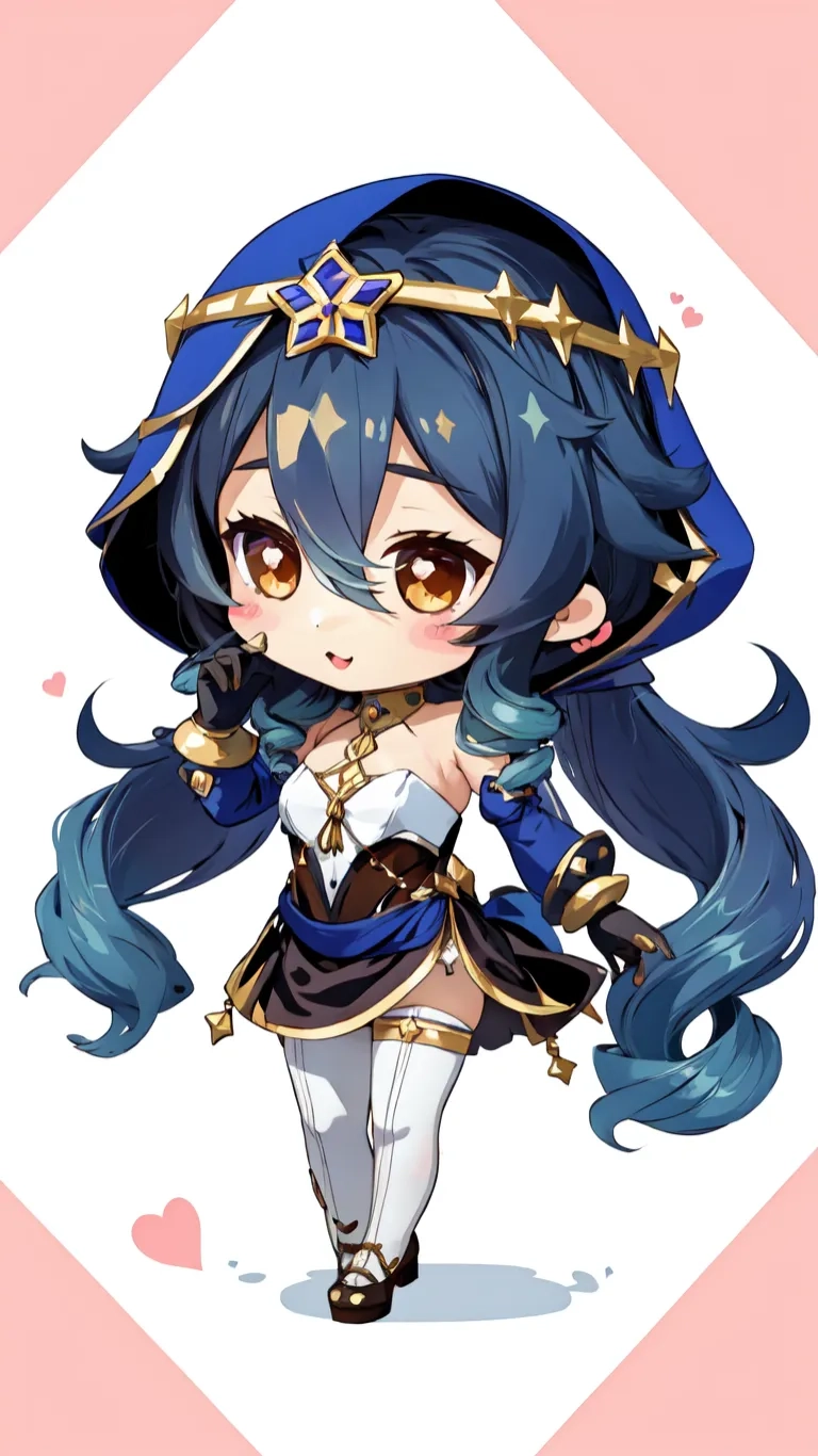 a very pretty girl with a big cute head with blue hair in a hat and glasses on her head by some hearts are floating around and two other things
