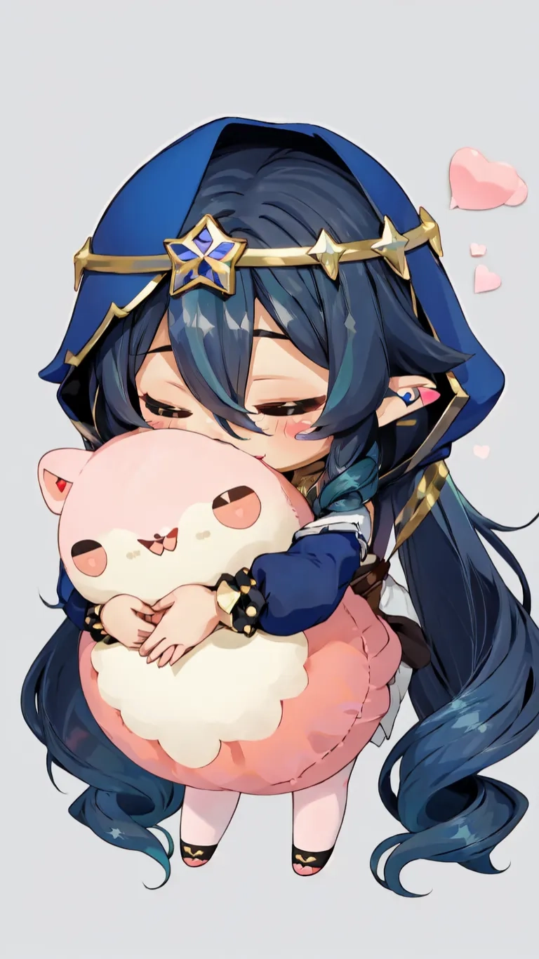 a girl with long hair hugging a cat wearing a big head hat on her head, holding a kitten with her right hand and a large fluffy white animal sitting on the leg
