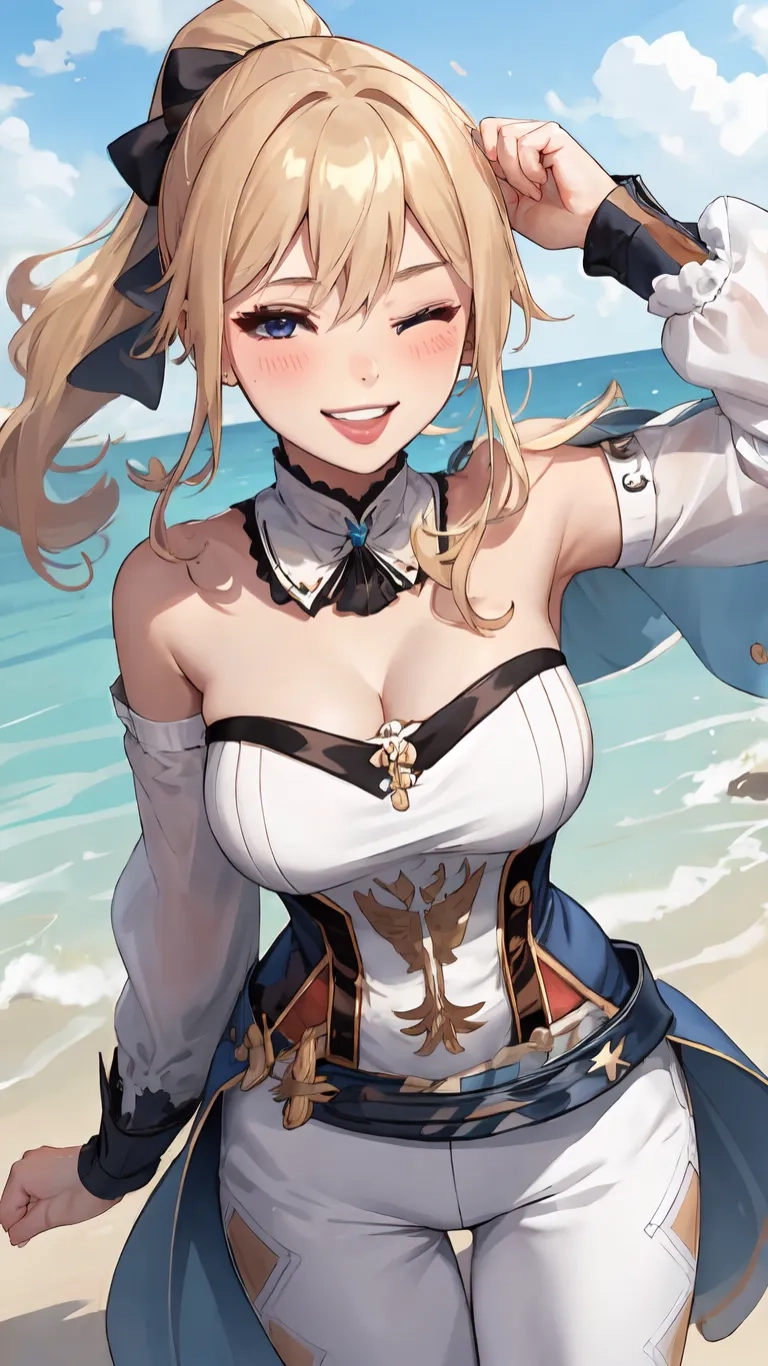 an anime - style female with long blond hair and a top blouse is standing near the beach and looking at the camera on a sunny day
