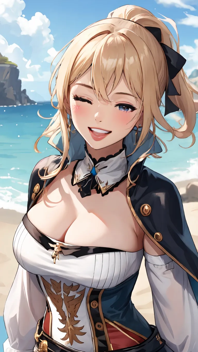 a woman in a pirate suit on the beach by the ocean and a rocky coast behind her is an adorable little figure and a very sexy face
