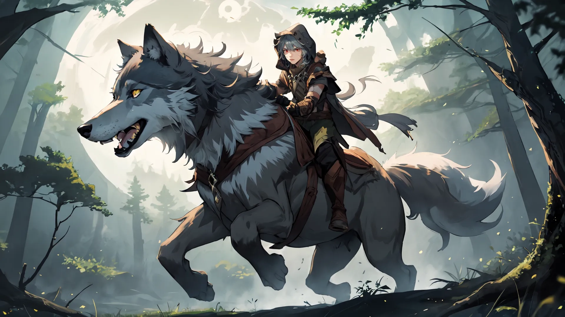 man riding on the back of a very large wolf in a forest with moon in the background and forest with trees next to him against
