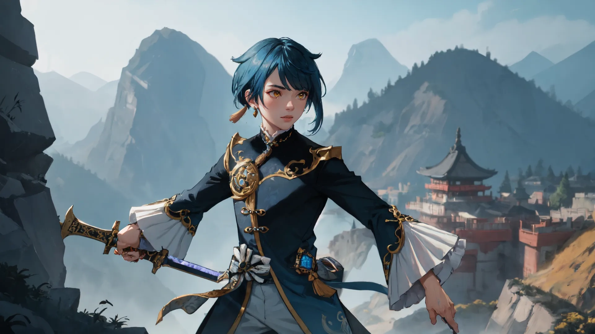 a cartoon style anime photo with a blue hair holding two swords a dragon and a pagoda at the background and mountains behind it that is very cloudy
