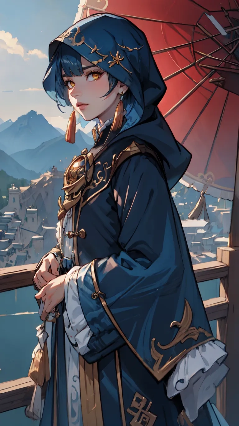 a female in medieval dress and an umbrella, posing for the camera with mountainous city and mountains in the background and sky behind her on a balcony overcast day
