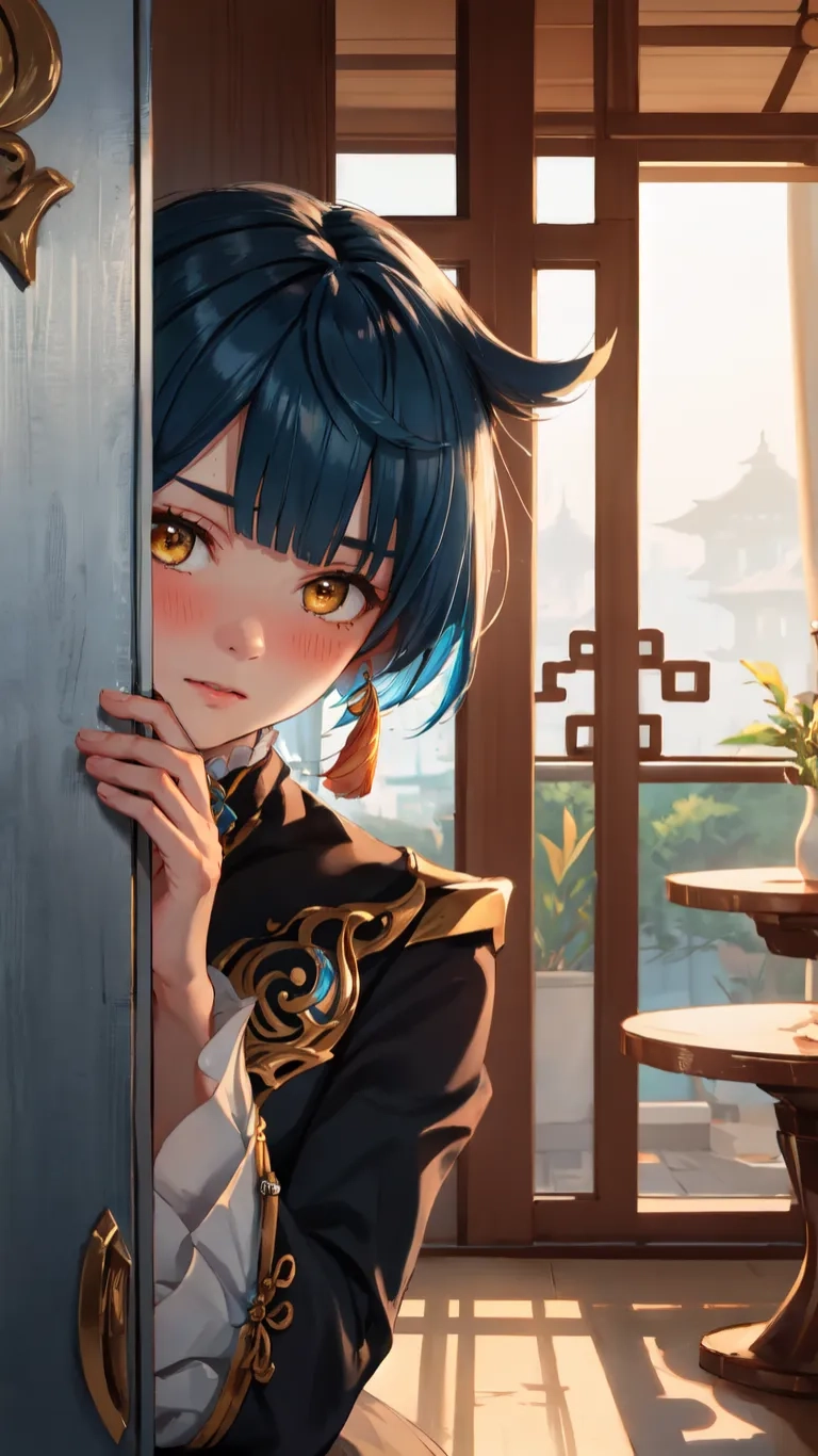the anime style girl is hiding behind a door, with her head in hand and eyes close to face, with a white background, blue and brown accents around her hair
