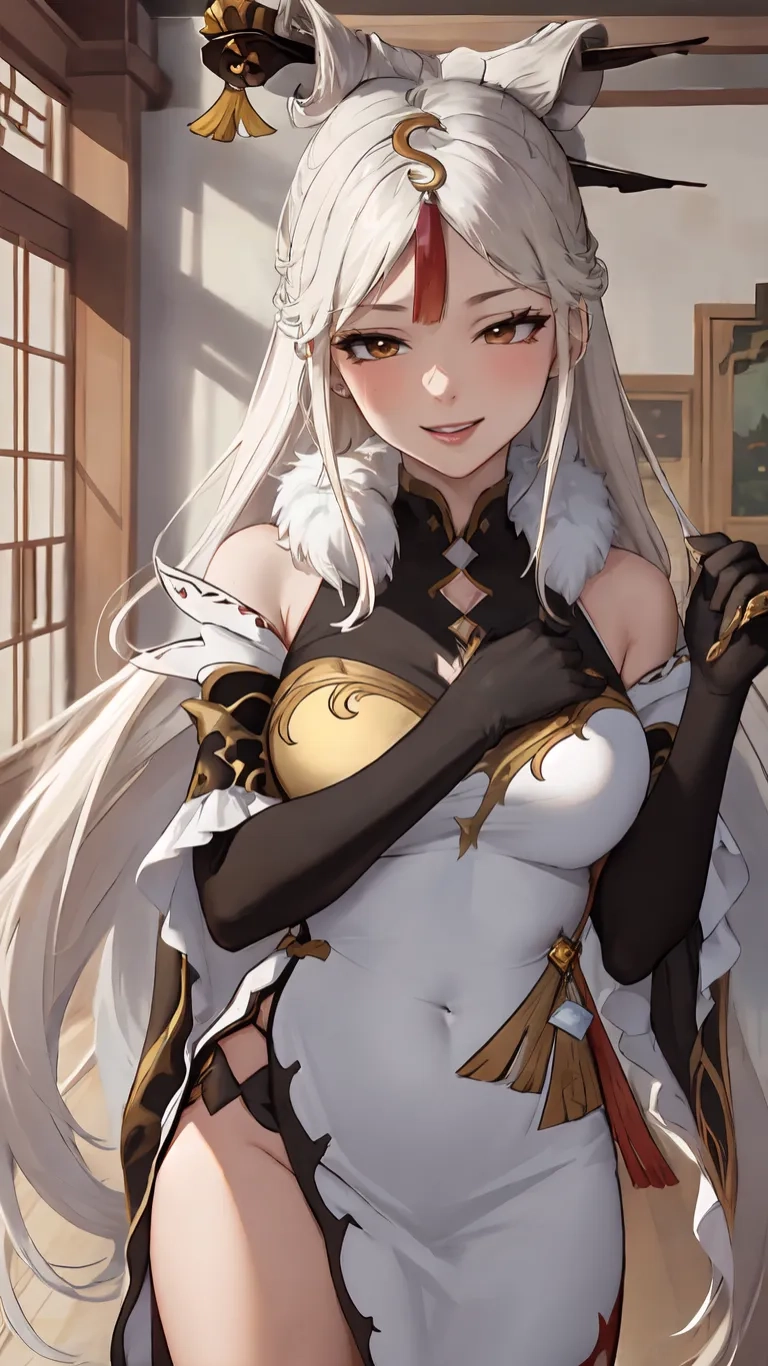 the girl is posing with her long white hair in front of a window - like area that has an elaborate oriental structure and details, a large gold or decorations, like an owl
