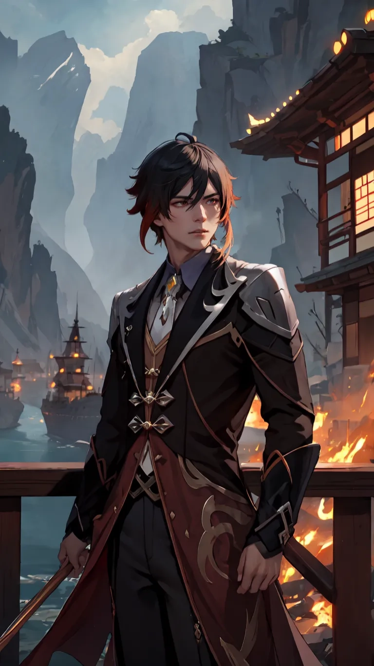 an anime style avatar dressed in uniform and holding a samurai sword by the mountain range on a cloudy day with no clouds above the sky
