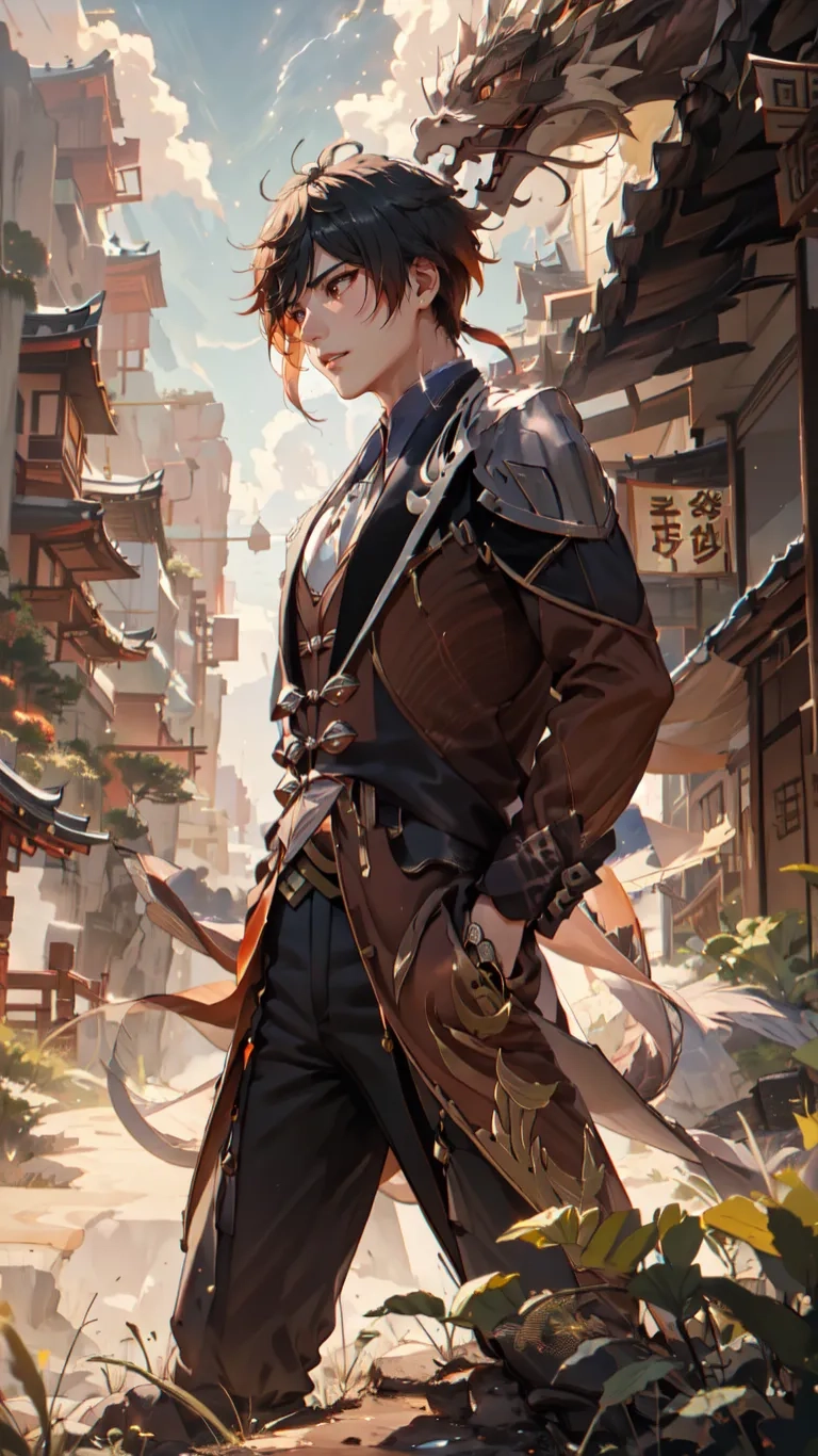 a man with a sword standing in the street under clouds flying over a town with tall buildings all around him and shrubs all around him
