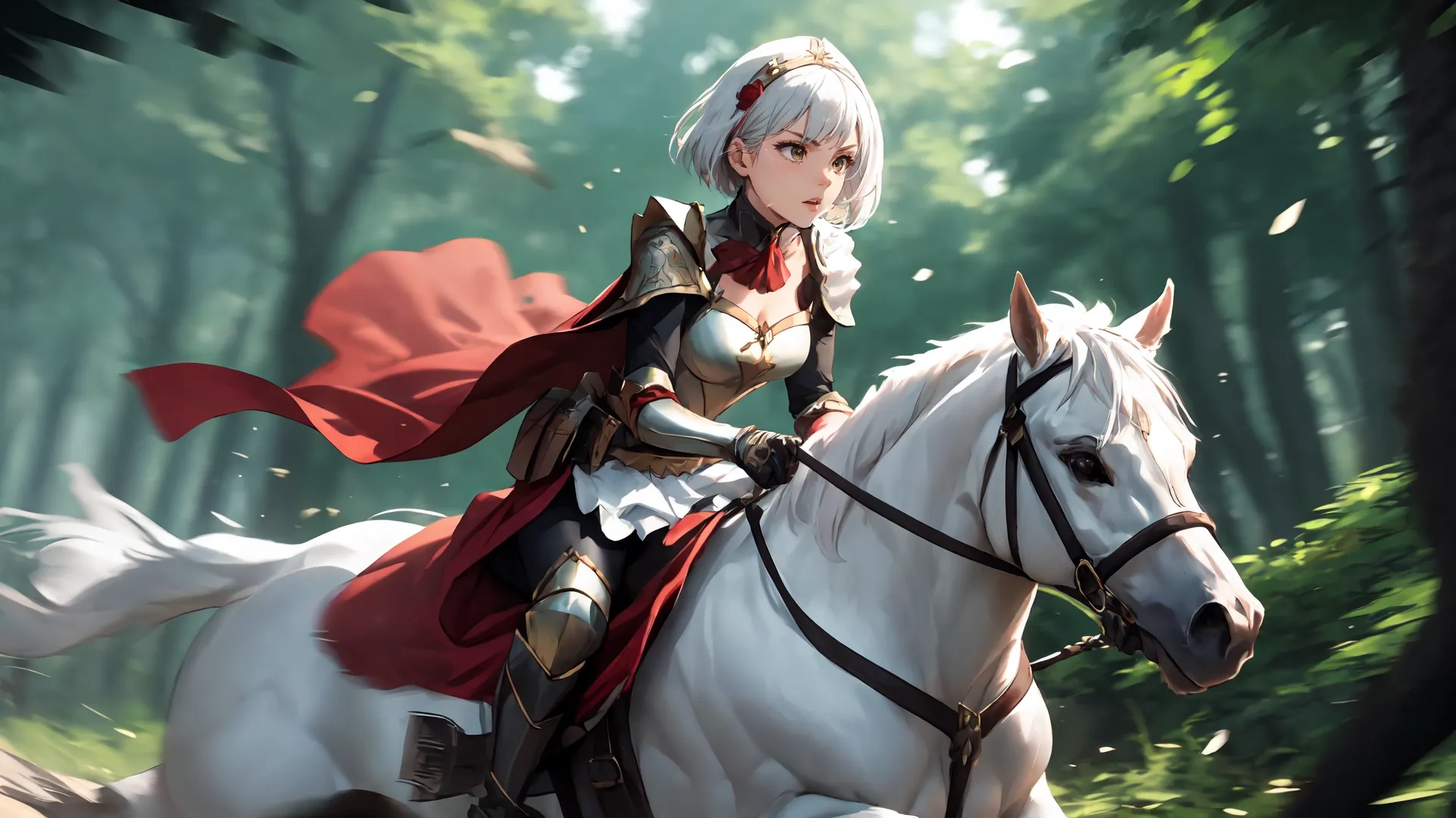 a girl on a grey horse, the rider is in full armor and a red cape, her white hair, and eyes have blondish pink cheeks
