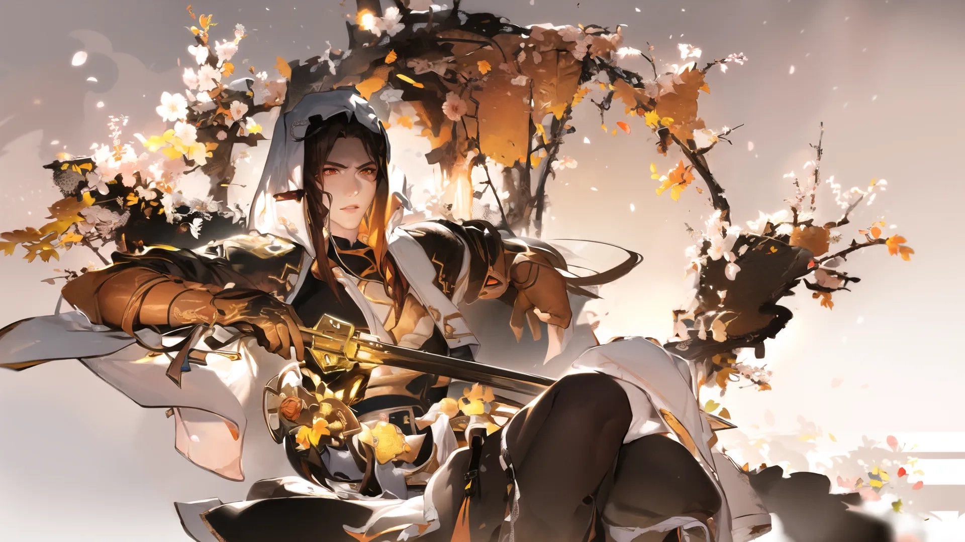 a woman in a costume holding a scythe blade and sword, surrounded by autumn leaves in front of the sky and sun flares behind her

