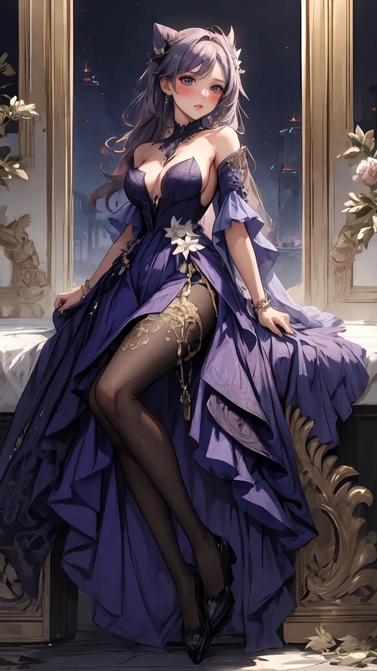 an anime girl posing in a lovely purple dress and gold jewellery and a mirror behind her legs are very big boots, and her shirt is covered with a large fan collar
