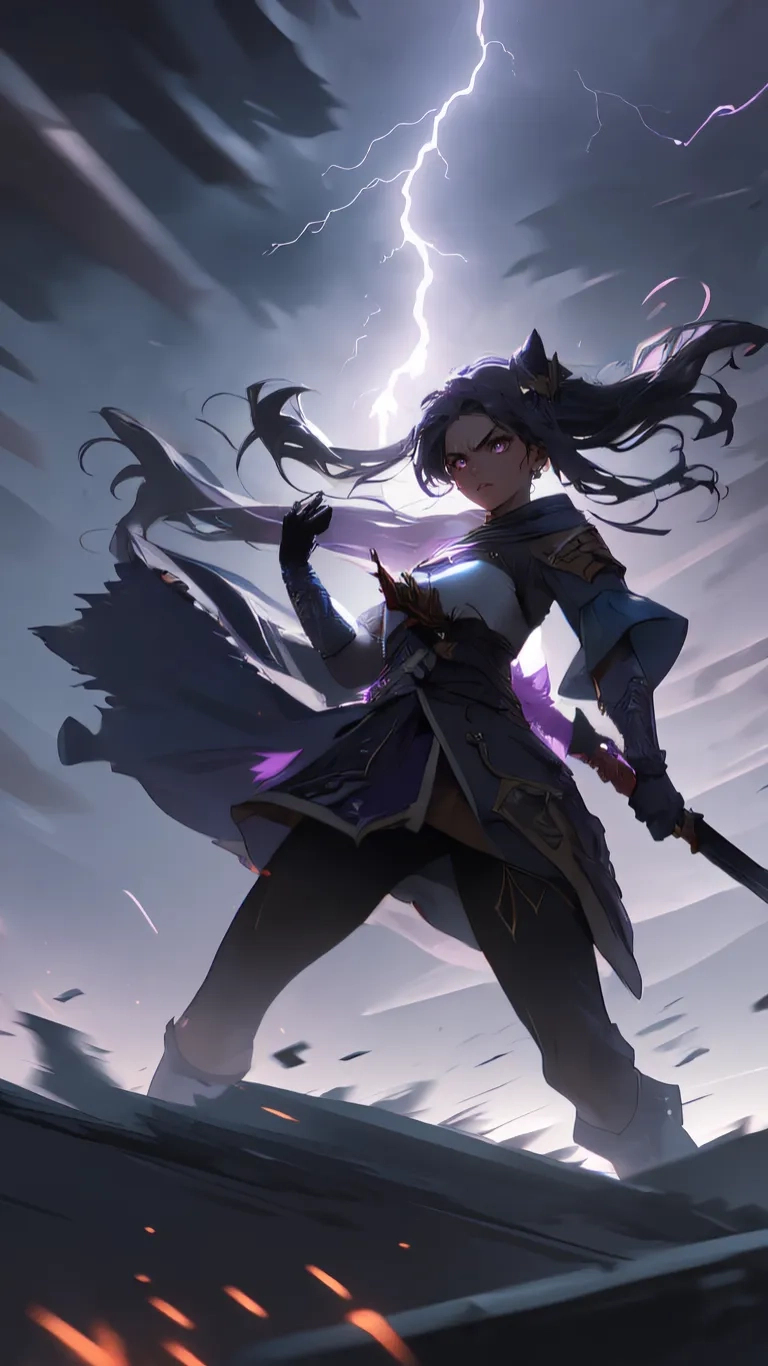 a person with long hair jumping with her sword in the air near some flames, and lightnings in the sky behind her and another person wearing a backpack and purple
