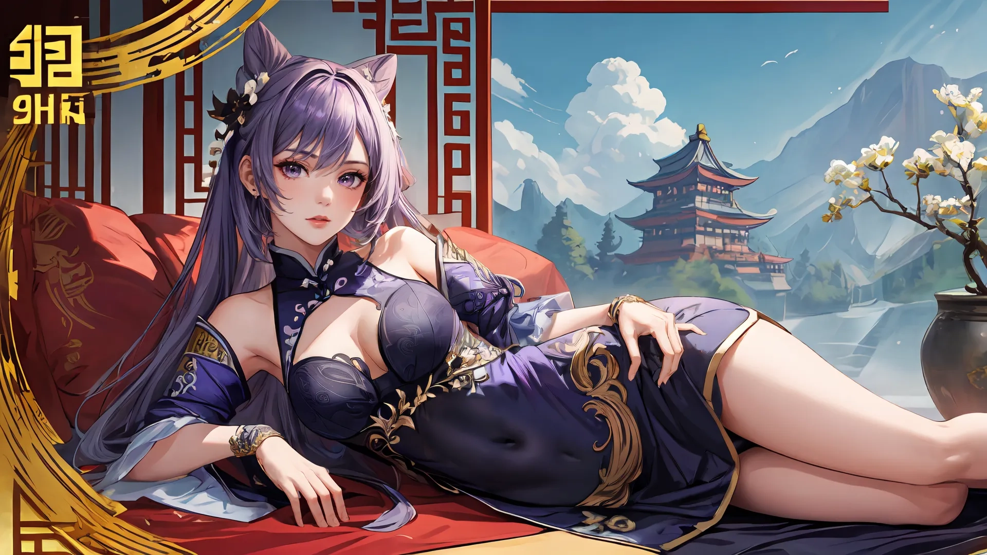 a painting of a sexy woman in purple sitting next to trees with white flowers in a japanese palace setting and building behind her is a fountain
