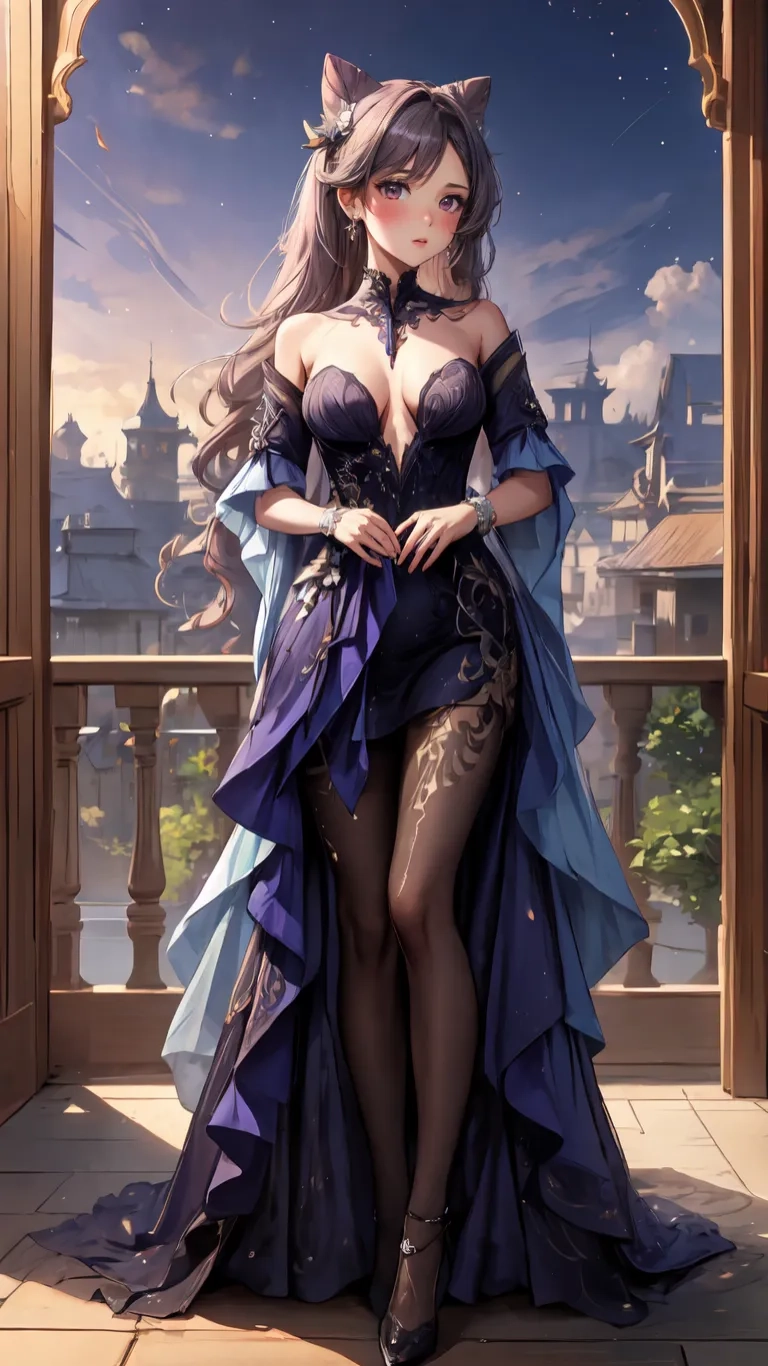 an anime character in sexy clothes with giant breasts sitting on a fence in front of a castle view with trees and sky background, looking away at the scene
