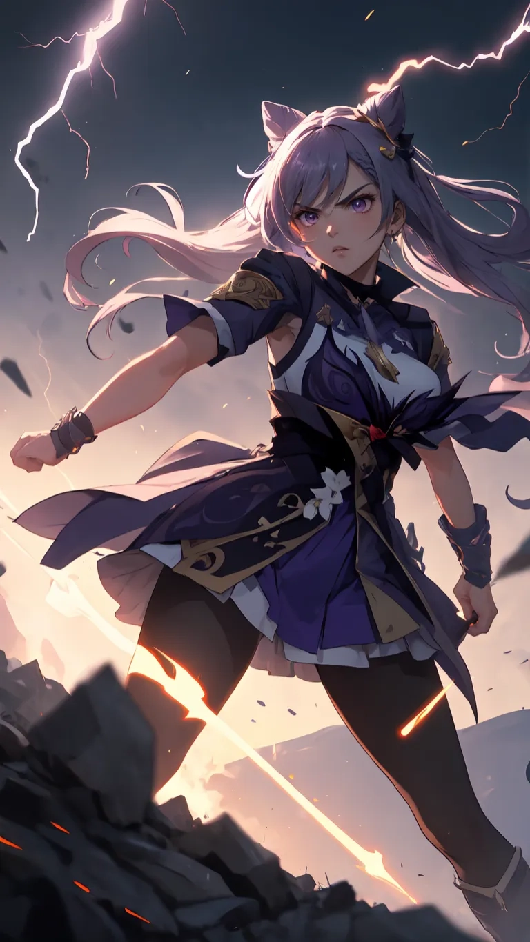 a woman with her cat ears and purple hair running by lightning effect as if in an animated video game, looks directly on her face
