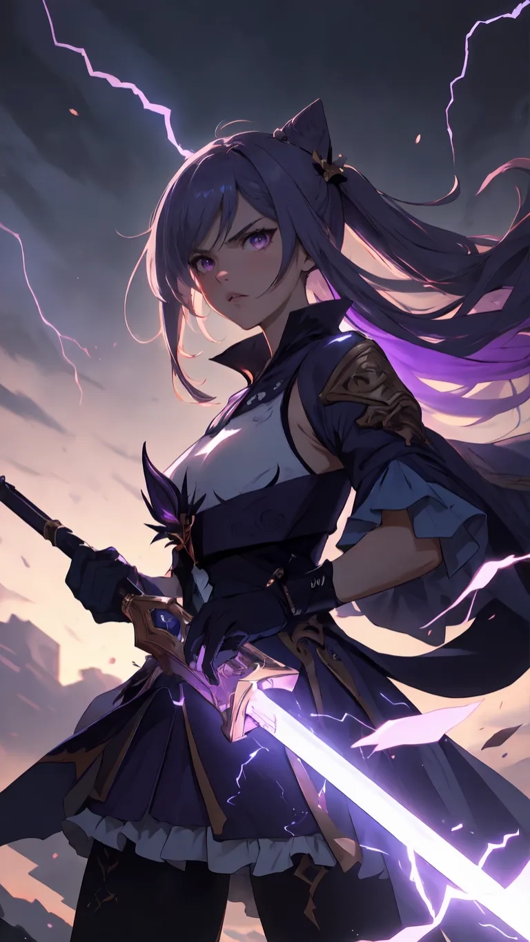 a girl is standing with long purple hair holding sword and lightning behind her head are some clouds and some dark yellow lines on the roof

