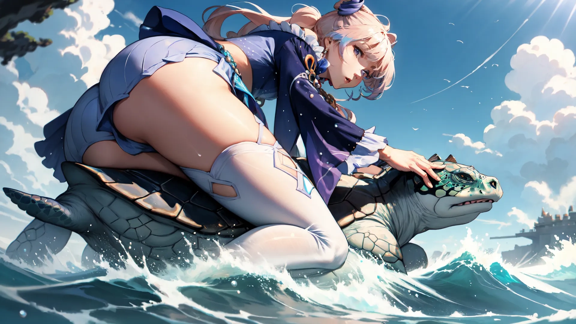 a naked girl riding the back of a large turtle while holding a fishing boat underwater through waves in front of them in an anime like environment
