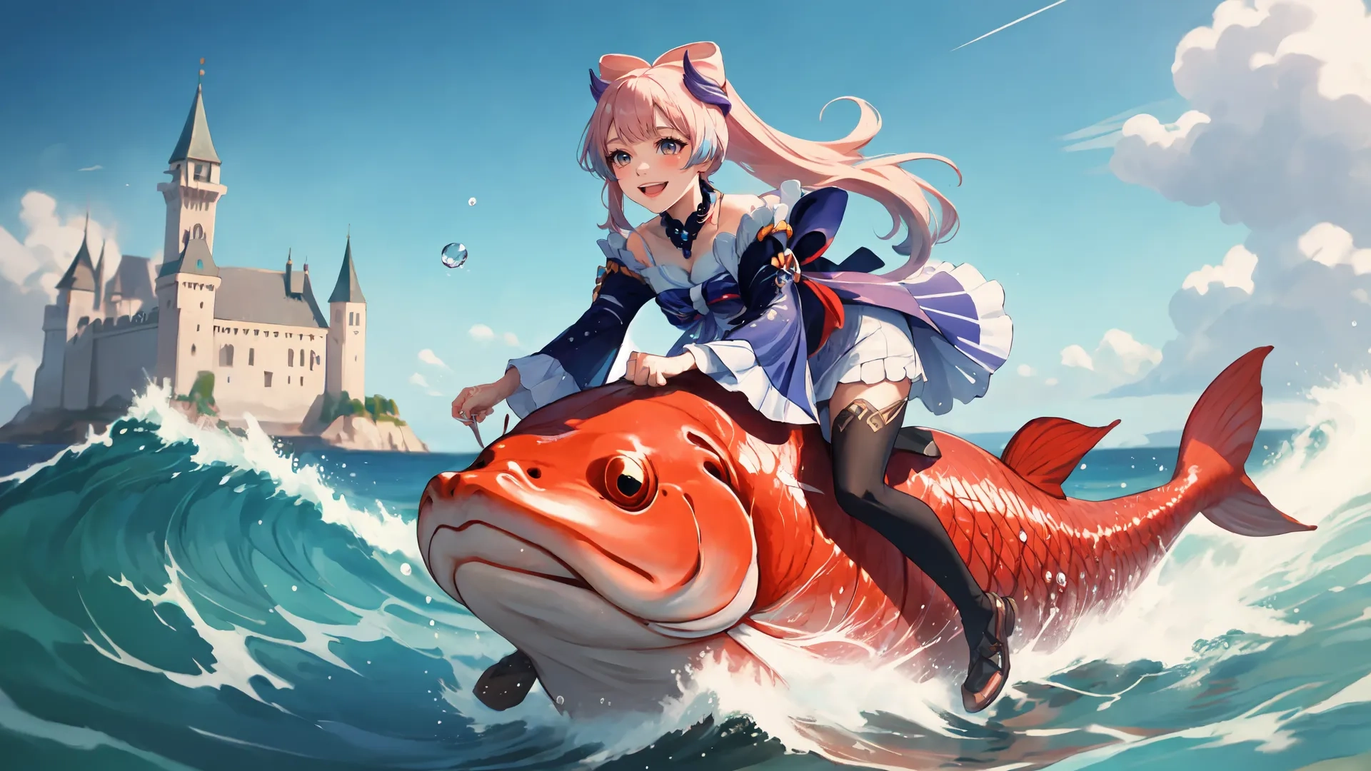 there is an art illustration i done of someone riding a fish in the water by itself with a castle on the background and clouds on that appear to be in the sky
