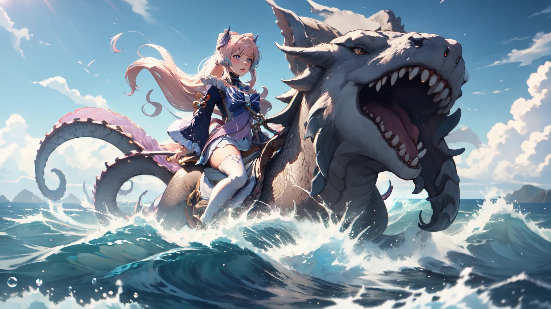 anime girl riding on a creature with big jaws on water surface outside, surrounded by clouds and a lot of sun rays while the sun shines

