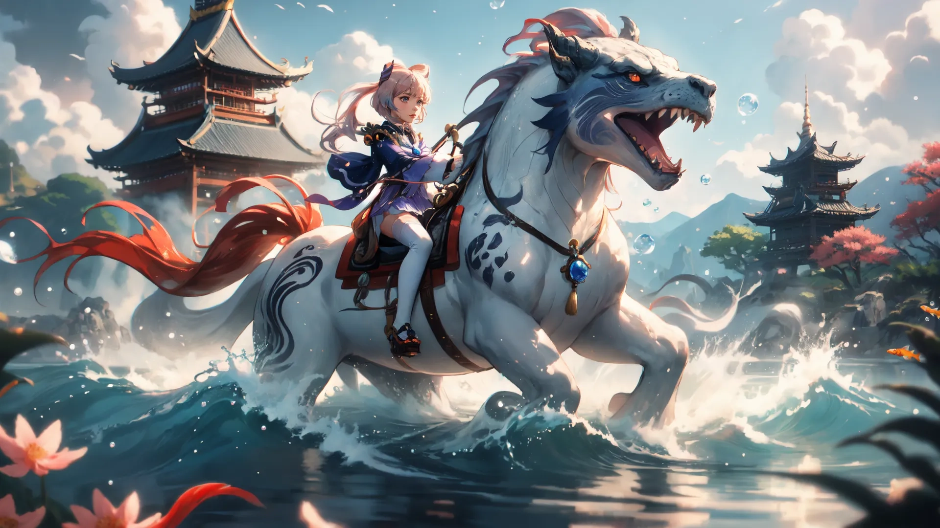 a cartoon character riding on the back of a white horse next to a castle with lots of buildings in the background and water on the foreground
