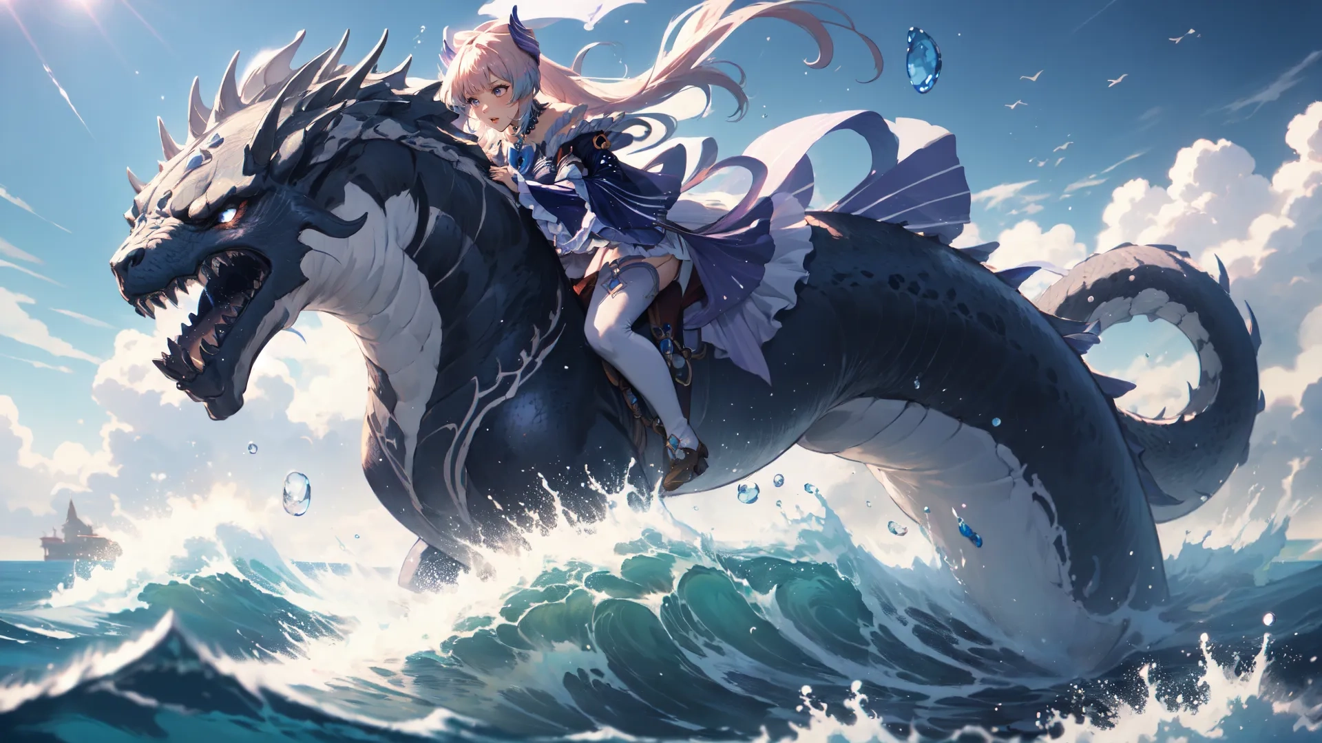 an anime girl in a dress is riding on a large black creature with a white cat with long hair, waves and a sky background
