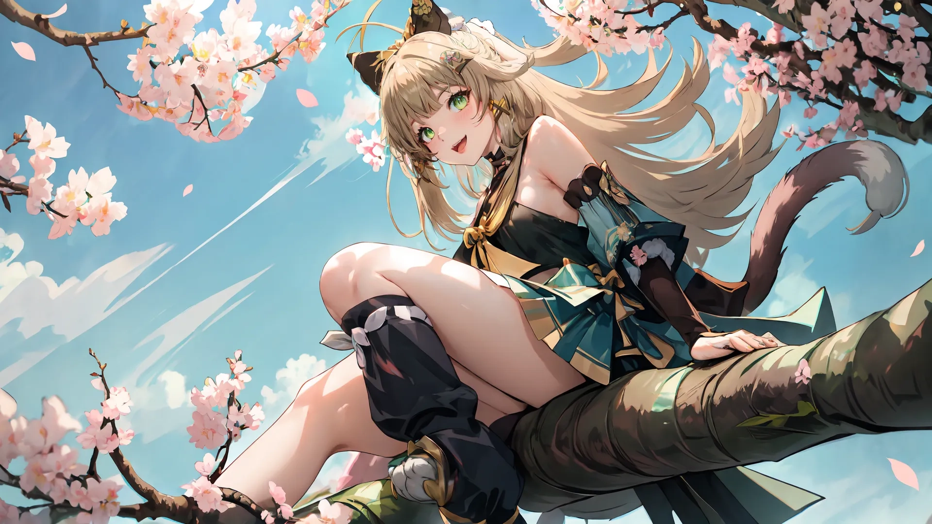 an anime anime girl on a tree in her dress and headbands, sitting over blossoms in mid - day full bloom, with blue sky and sunny background
