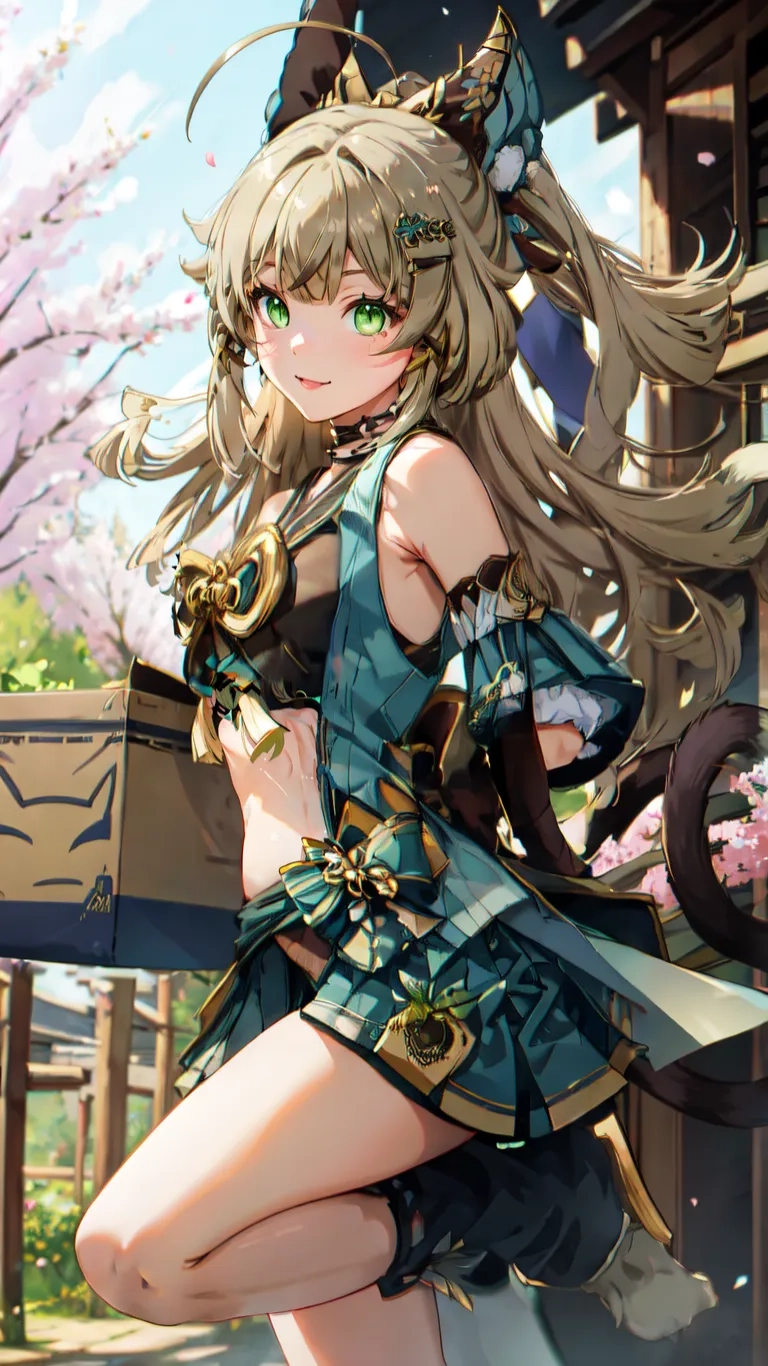 a anime girl dressed in blue holding a sword and two pistols with a wooden building behind her and blossoms in the background, for example
